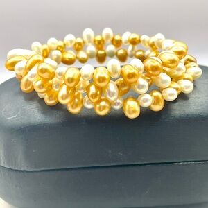 Elegant Gold and White Multi Strand Wrap Faux Pearl Bracelet